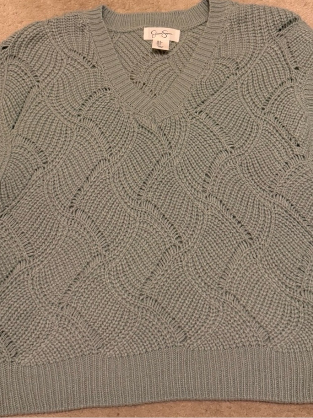 Jessica Simpson Seafoam Green Cable-Knit V-Neck Sweater